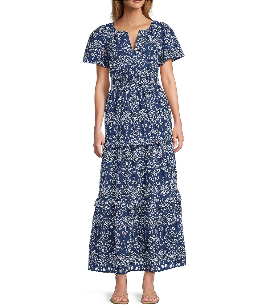Sugarlips Viridiana Floral Eyelet Palmer V-Neck Short Sleeve Tiered Maxi Dress