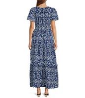 Sugarlips Viridiana Floral Eyelet Palmer V-Neck Short Sleeve Tiered Maxi Dress