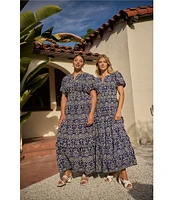 Sugarlips Viridiana Floral Eyelet Palmer V-Neck Short Sleeve Tiered Maxi Dress