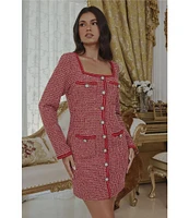 Sugarlips Yarnell Tweed Square Neck Long Sleeve Pearl Button Front Mini Dress