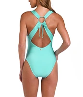 Sunshine '79 Solid Plunge V-Neck Shirred Tummy Control One piece Swimsuit