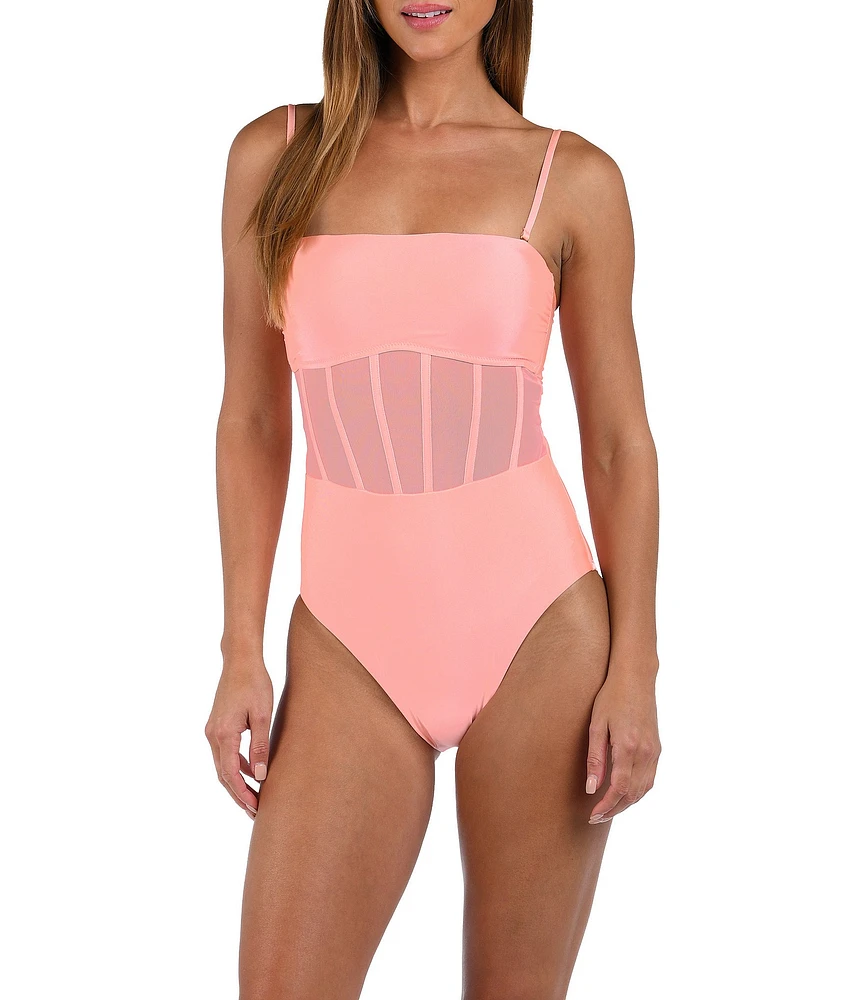 Sunshine '79 Solid Straight Neck Corset Binding Over Mesh Bandeau One Piece Swimsuit
