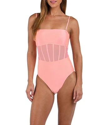 Sunshine '79 Solid Straight Neck Corset Binding Over Mesh Bandeau One Piece Swimsuit