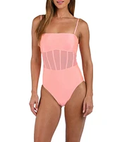 Sunshine '79 Solid Straight Neck Corset Binding Over Mesh Bandeau One Piece Swimsuit