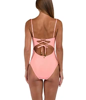 Sunshine '79 Solid Straight Neck Corset Binding Over Mesh Bandeau One Piece Swimsuit