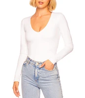 Susana Monaco Sexy Signature Stretch Knit V-Neck Long Sleeve Fitted Shirt