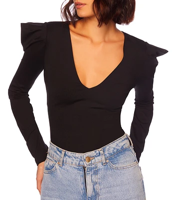 Susana Monaco V-Neck Long Sleeve Ruffled Shoulder Top