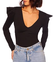 Susana Monaco V-Neck Long Sleeve Ruffled Shoulder Top