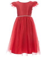 Sweet Kids Little Girls 2-6 Flutter Sleeve Rhinestone Waist Satin Crystal Tulle Tea Dress