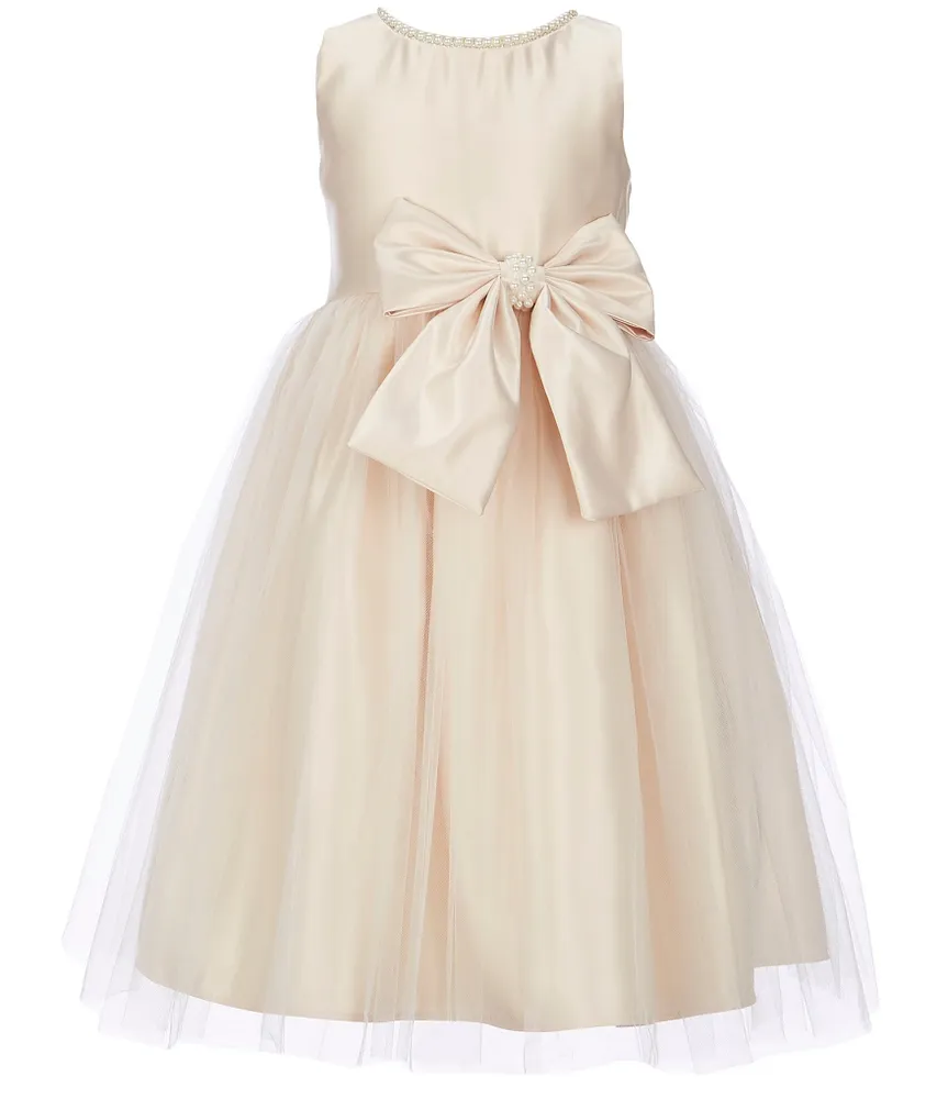 Sweet Kids Little Girls 2-6 Sleeveless Dull Satin Pearl Trim Bow Detail Tulle Tea Dress