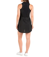 SwingDish Heat Stripe Print Sleeveless Point Collar V-Neck Mesh Racerback Stretch Jersey Tennis Dress