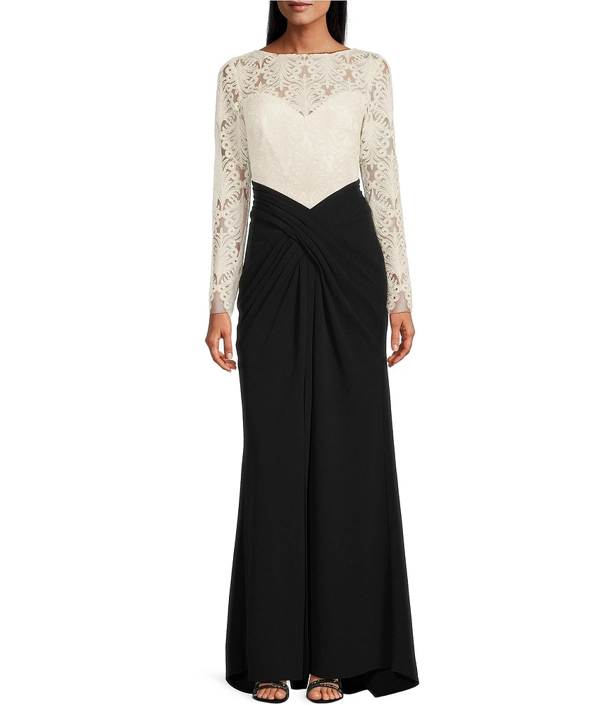 Tadashi Shoji Bateau Illusion Neck Corded Lace Bodice Mixed Media Gown