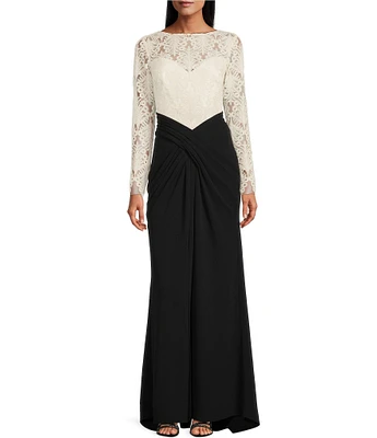 Tadashi Shoji Bateau Illusion Neck Corded Lace Bodice Mixed Media Gown