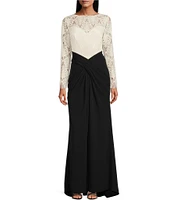 Tadashi Shoji Bateau Illusion Neck Corded Lace Bodice Mixed Media Gown