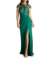 Tadashi Shoji Beck Sequin Crepe Illusion Boat Neck Cap Sleeve Front Twist Sheath Gown