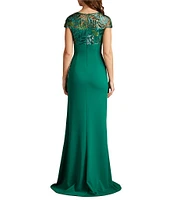 Tadashi Shoji Beck Sequin Crepe Illusion Boat Neck Cap Sleeve Front Twist Sheath Gown