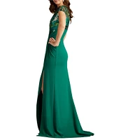 Tadashi Shoji Beck Sequin Crepe Illusion Boat Neck Cap Sleeve Front Twist Sheath Gown