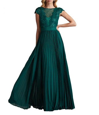 Tadashi Shoji Cap Sleeve Sequin Embroidered Lace Chiffon Pleated Gown