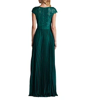 Tadashi Shoji Cap Sleeve Sequin Embroidered Lace Chiffon Pleated Gown