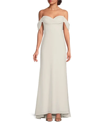 Tadashi Shoji Chiffon Drape Off-The-Shoulder Gown