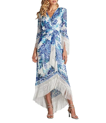 Tadashi Shoji Chiffon Floral Print V Neck 3/4 Sleeve Fringe Wrap Midi Dress