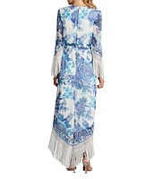 Tadashi Shoji Chiffon Floral Print V Neck 3/4 Sleeve Fringe Wrap Midi Dress