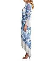 Tadashi Shoji Chiffon Floral Print V Neck 3/4 Sleeve Fringe Wrap Midi Dress