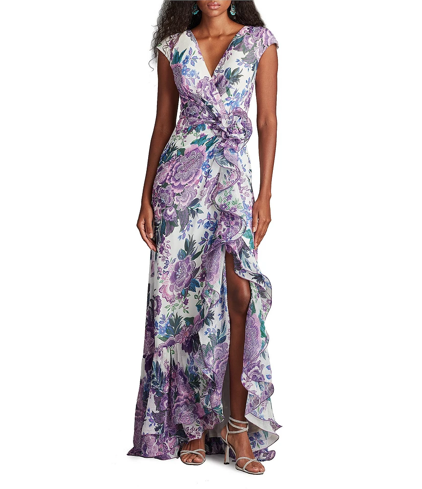 Tadashi Shoji Chiffon Floral Print V Neck Cap Sleeve Ruffle Fit and Flare Gown