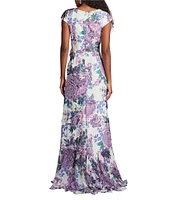 Tadashi Shoji Chiffon Floral Print V Neck Cap Sleeve Ruffle Fit and Flare Gown
