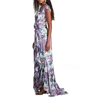 Tadashi Shoji Chiffon Floral Print V Neck Cap Sleeve Ruffle Fit and Flare Gown
