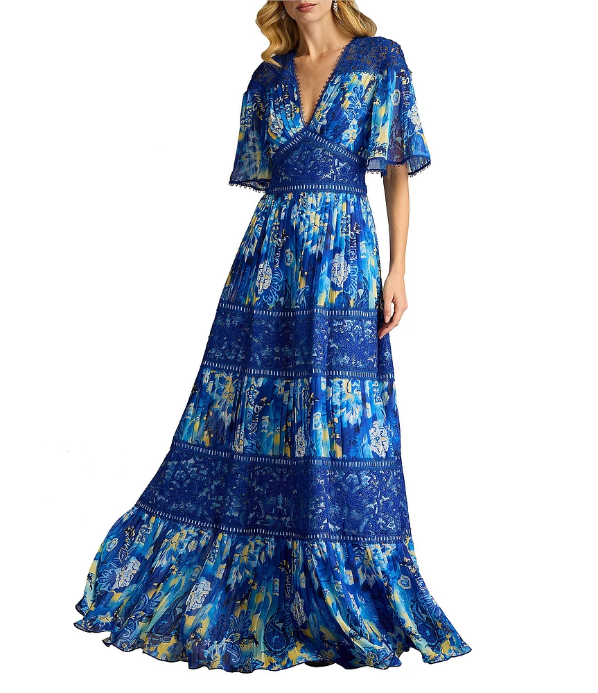 Tadashi Shoji Chiffon Floral Print V-Neck Short Flutter Sleeve Lace Trim A-Line Maxi Dress