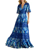 Tadashi Shoji Chiffon Floral Print V-Neck Short Flutter Sleeve Lace Trim A-Line Maxi Dress