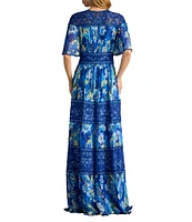 Tadashi Shoji Chiffon Floral Print V-Neck Short Flutter Sleeve Lace Trim A-Line Maxi Dress