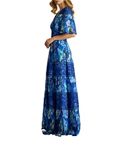 Tadashi Shoji Chiffon Floral Print V-Neck Short Flutter Sleeve Lace Trim A-Line Maxi Dress