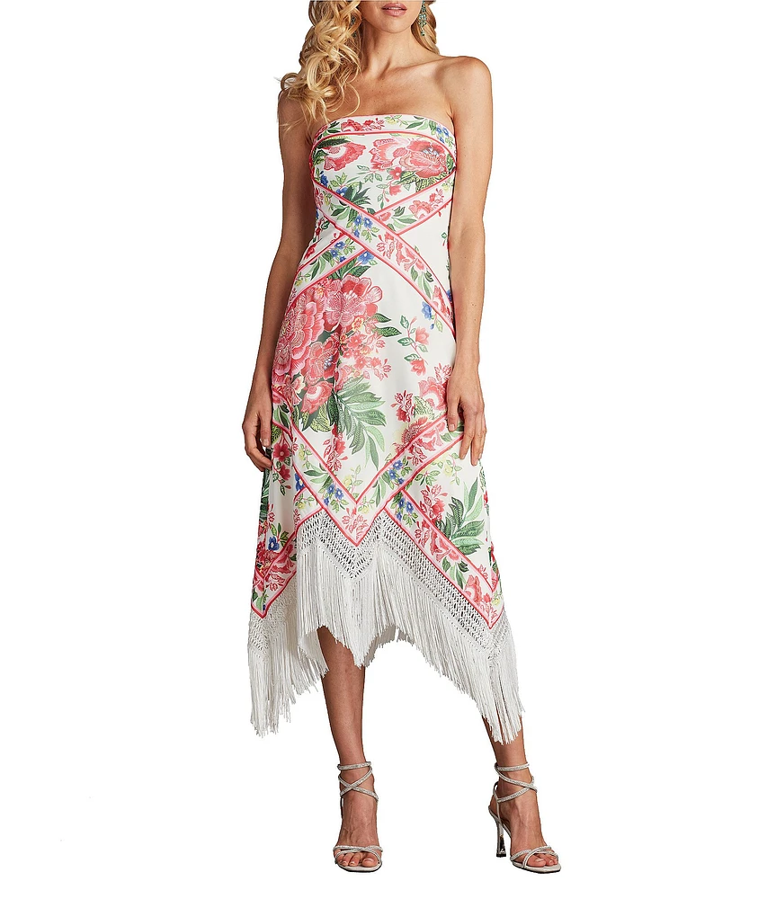 Tadashi Shoji Chiffon Floral Scarf Print Strapless Neck Sleeveless Fringe Hem Sheath Midi Dress