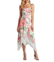 Tadashi Shoji Chiffon Floral Scarf Print Strapless Neck Sleeveless Fringe Hem Sheath Midi Dress