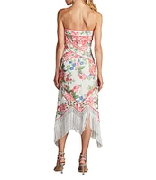 Tadashi Shoji Chiffon Floral Scarf Print Strapless Neck Sleeveless Fringe Hem Sheath Midi Dress