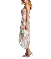 Tadashi Shoji Chiffon Floral Scarf Print Strapless Neck Sleeveless Fringe Hem Sheath Midi Dress