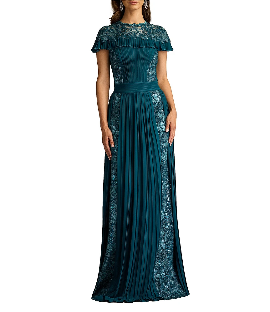 Tadashi Shoji Chiffon Lace Capelet Crew Neck Short Sleeve Pleated Gown