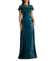 Tadashi Shoji Chiffon Lace Capelet Crew Neck Short Sleeve Pleated Gown