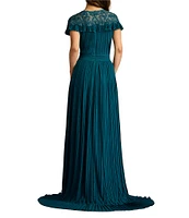 Tadashi Shoji Chiffon Lace Capelet Crew Neck Short Sleeve Pleated Gown