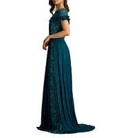 Tadashi Shoji Chiffon Lace Capelet Crew Neck Short Sleeve Pleated Gown