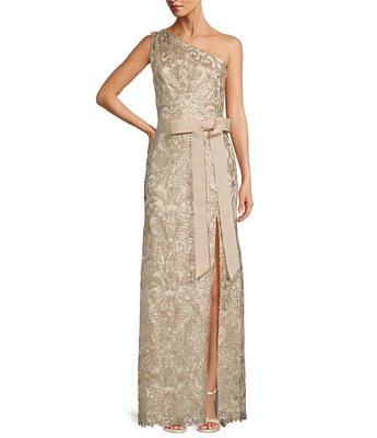 Tadashi Shoji Corded Sequin Lace One Shoulder Sleeveless Ribbon Waist Gown