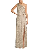 Tadashi Shoji Corded Sequin Lace One Shoulder Sleeveless Ribbon Waist Gown