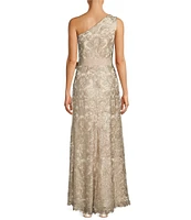 Tadashi Shoji Corded Sequin Lace One Shoulder Sleeveless Ribbon Waist Gown