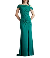 Tadashi Shoji Crepe Asymmetrical Neck Cold Shoulder Cap Sleeve Pleated Gown