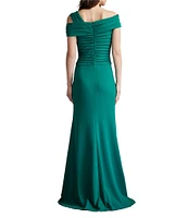 Tadashi Shoji Crepe Asymmetrical Neck Cold Shoulder Cap Sleeve Pleated Gown