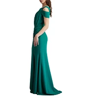 Tadashi Shoji Crepe Asymmetrical Neck Cold Shoulder Cap Sleeve Pleated Gown