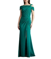 Tadashi Shoji Crepe Asymmetrical Neck Cold Shoulder Cap Sleeve Pleated Gown