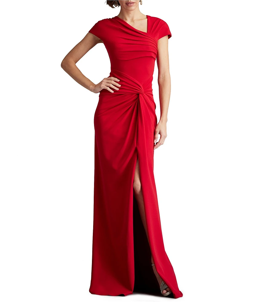 Tadashi Shoji Crepe Asymmetrical V-Neck Cap Sleeve Twist Front Front Slit Gown